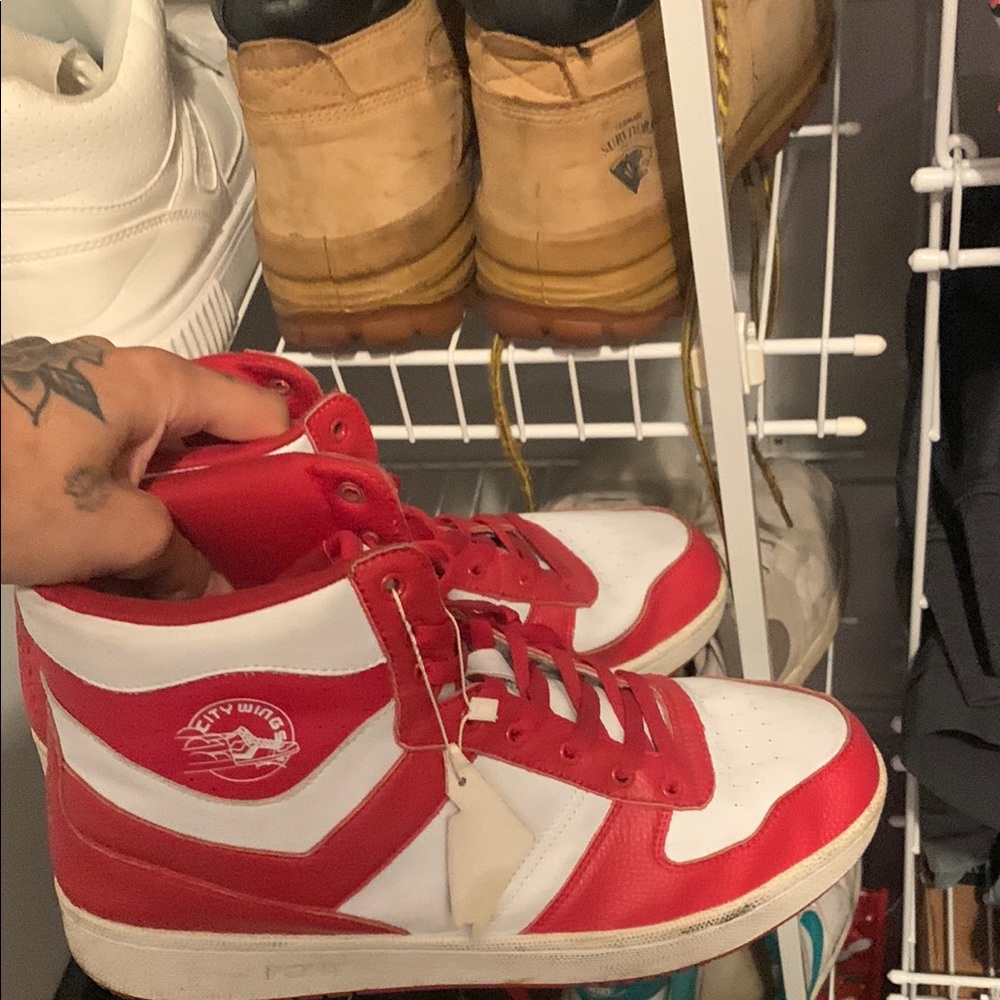 Pony Red and White High-Top Sneakers